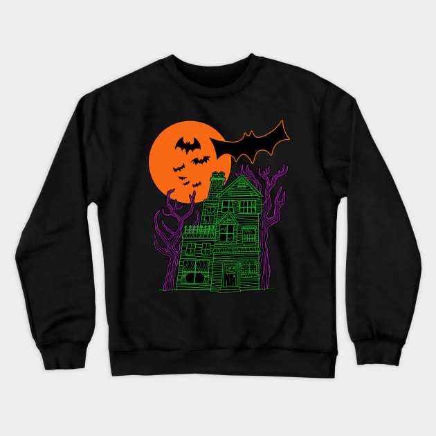 Neon Haunted House Crewneck Sweatshirt by LeMae Macabre